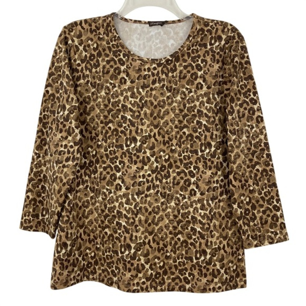 J. McLaughlin Catalina Cloth Leopard‎ Print Top Size L 3/4 Sleeve Brown Stretch